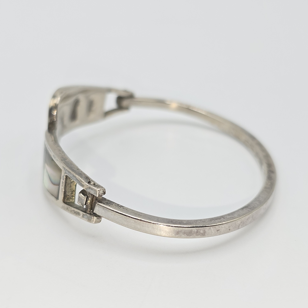 Taxco Mexico Abalone Inlay Hinged Bangle Bracelet Silver Tone, 6-1/2" - Picture 4 of 10